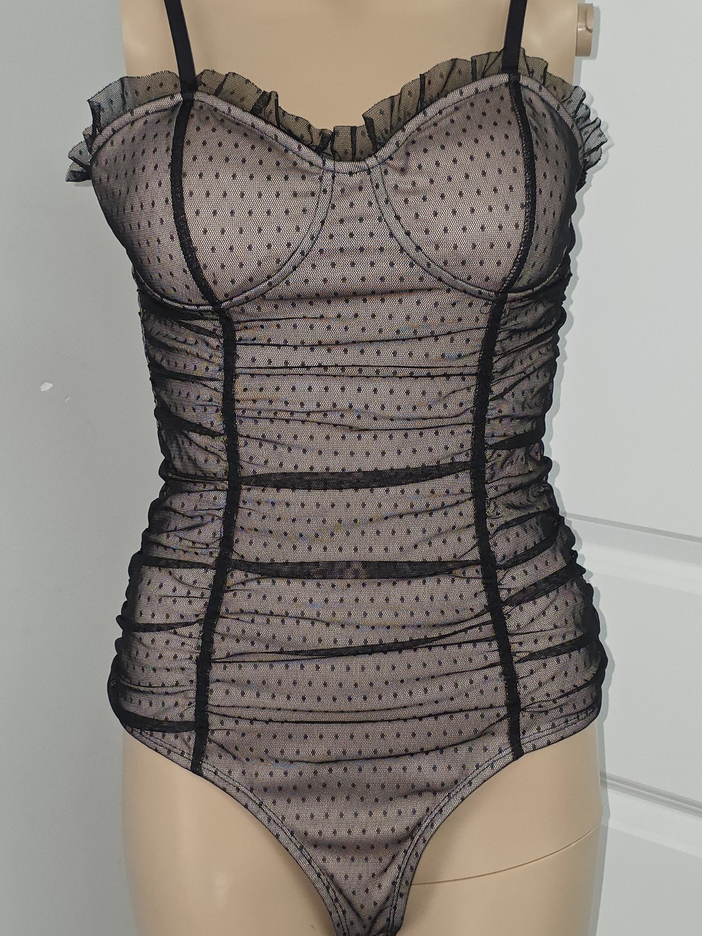 Rabbit Rose Sheer Black Dot-Mesh Bodysuit  Ruffle Trim Sz M
